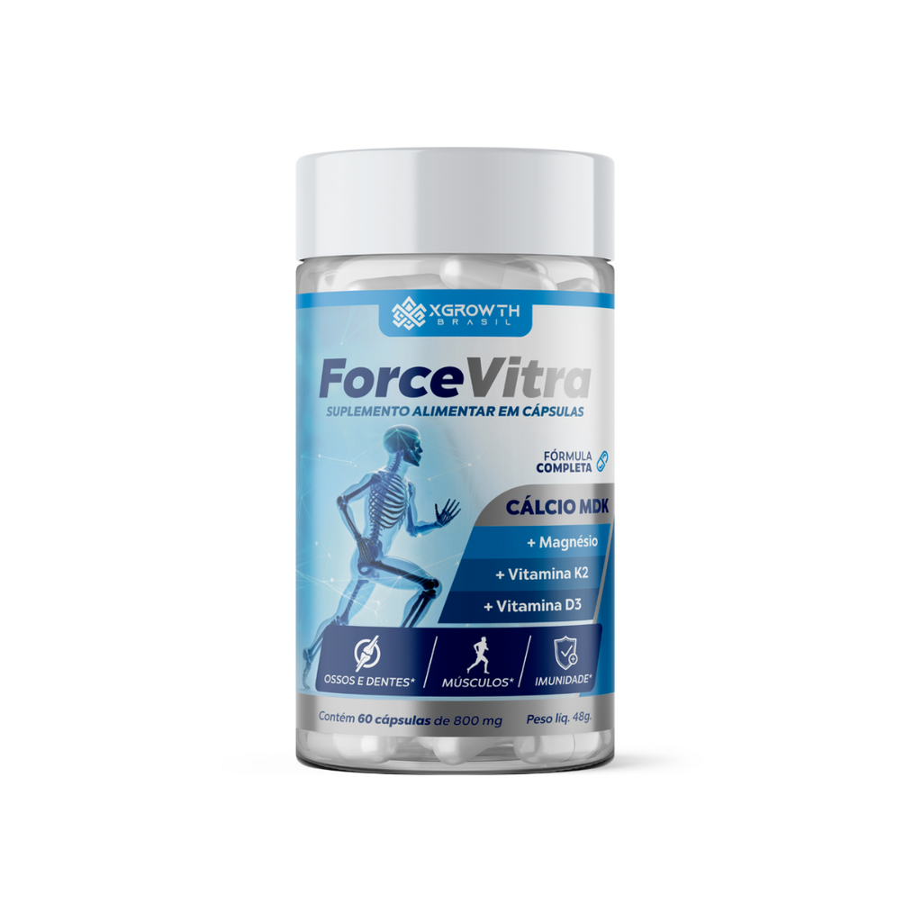 Force Vitra XGrowth Brasil – Suplemento com Cálcio, Magnésio, Vitamina D3 e K2 | Fortalecimento Ósseo e Saúde Muscular (60 Cápsulas)