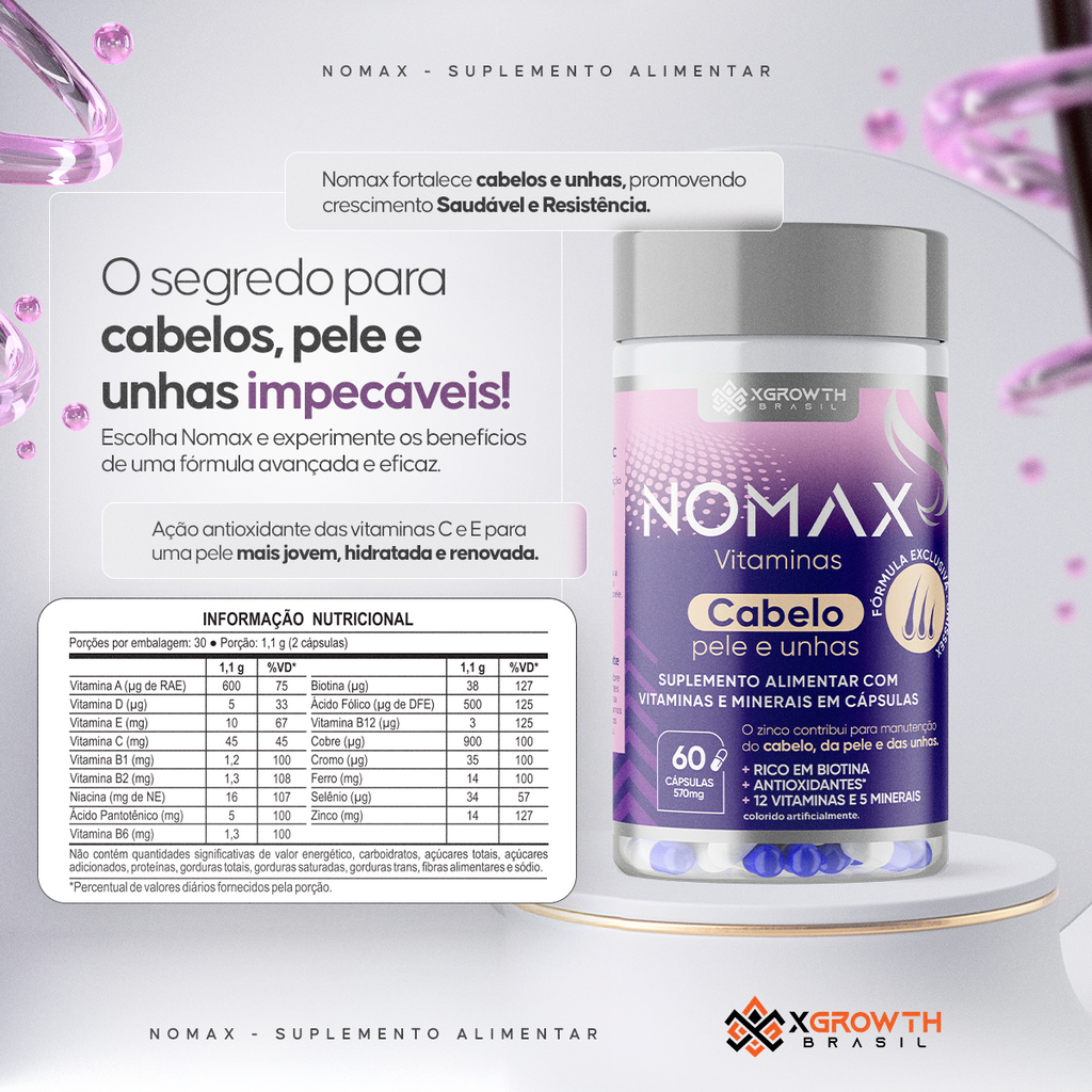 NOMAX XGrowth Brasil – Multivitamínico Cabelo, Pele e Unhas | Biotina, Vitaminas e Minerais (60 cápsulas) – Unissex