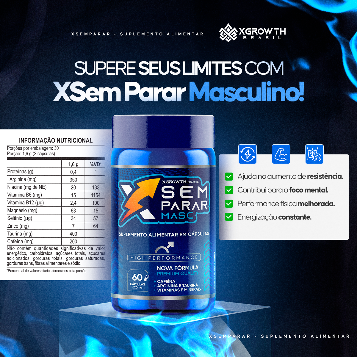 XSEM PARAR Masculino XGrowth Brasil – Energia, Foco e Desempenho Físico e Mental | Suplemento Premium