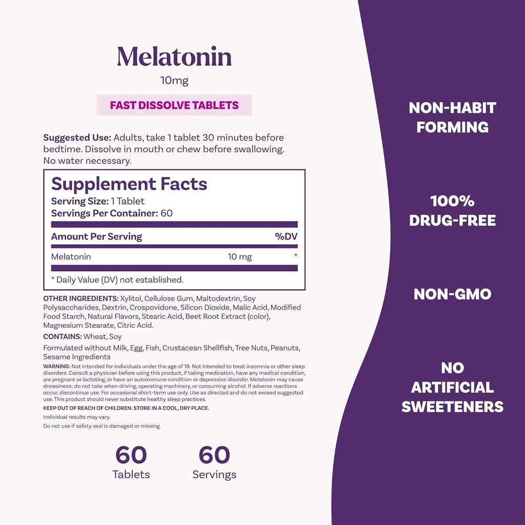 Tabela Nutricional Natrol Melatonina 10mg ingredientes vegetarianos e sem açúcar.