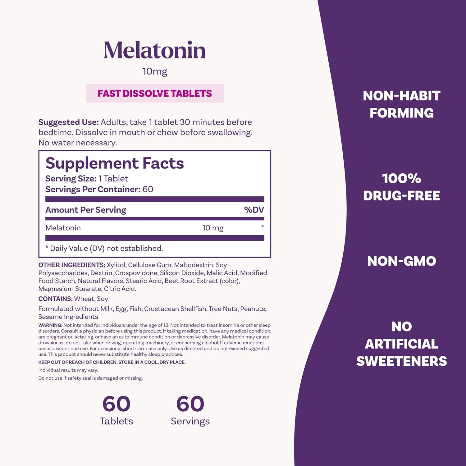 Tabela Nutricional Natrol Melatonina 10mg ingredientes vegetarianos e sem açúcar.